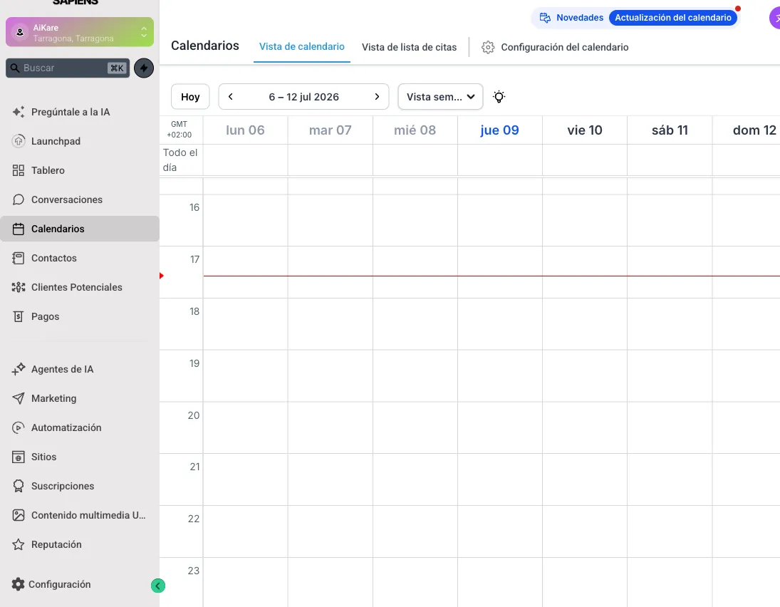 Vista de calendario semanal de reservas en GoHighLevel, con la rejilla de días y franjas horarias